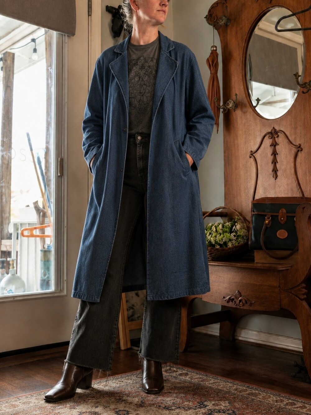 Vintage Bottlette Denim Duster Coat Long Trench Maxi Jacket Plus Size 2XL